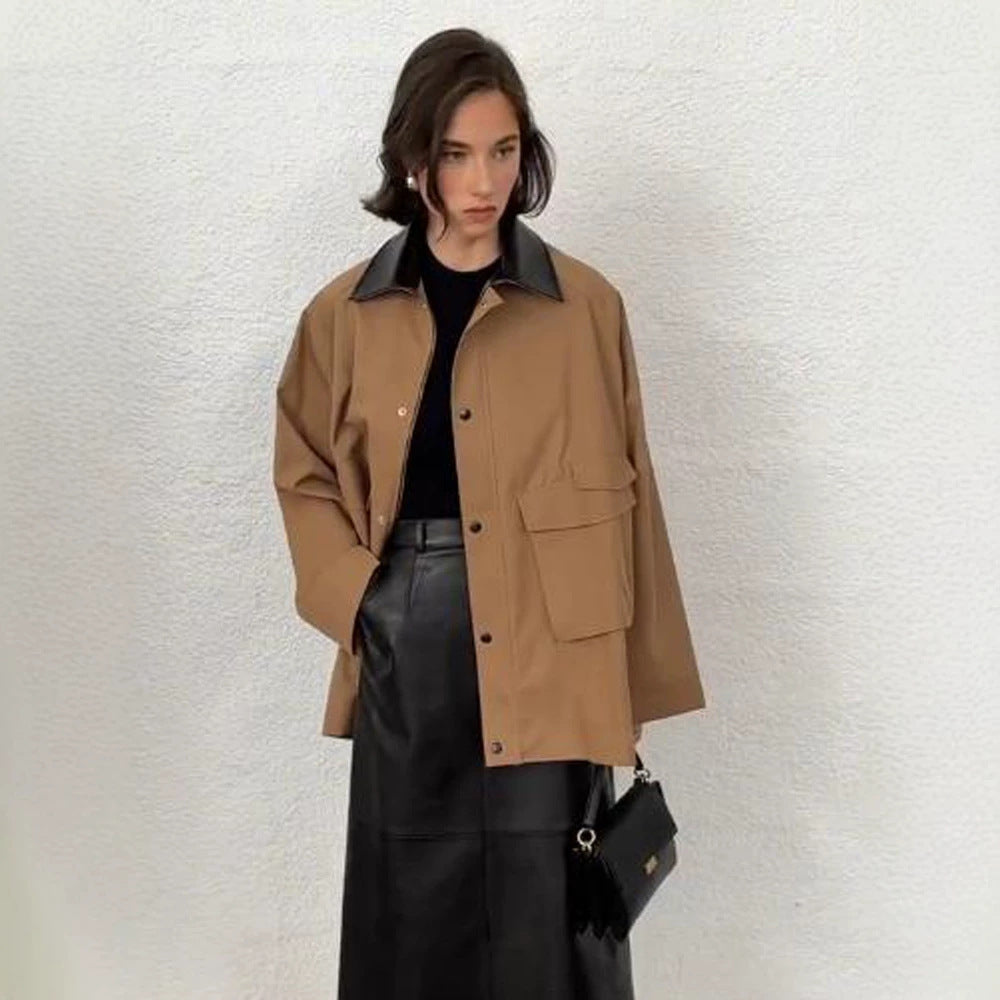 Damen Oversize utilitarische Jacke mit großen Pattentaschen und Kontrastkragen Drune