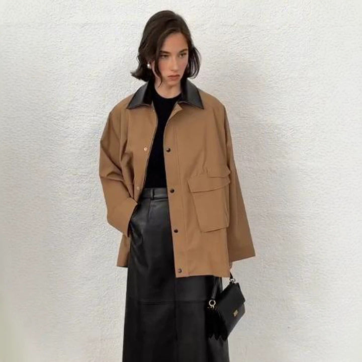Damen Oversize utilitarische Jacke mit großen Pattentaschen und Kontrastkragen Drune