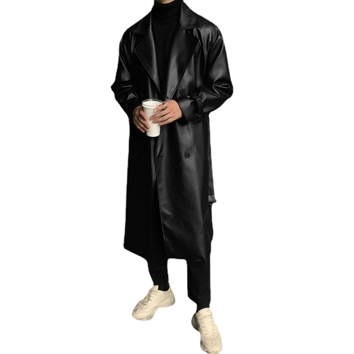 Herren modischer Longtrenchcoat aus hochwertigem Kunstleder mit elegantem Schnitt Drune
