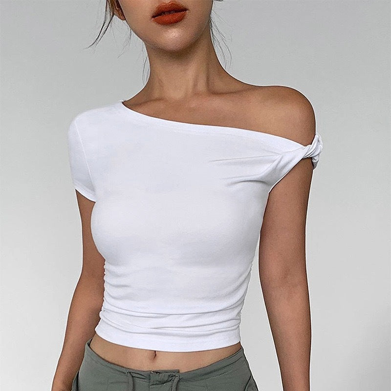 Damen Schulterfreies Crop-Top mit Raffung und modischen Knoten Drune
