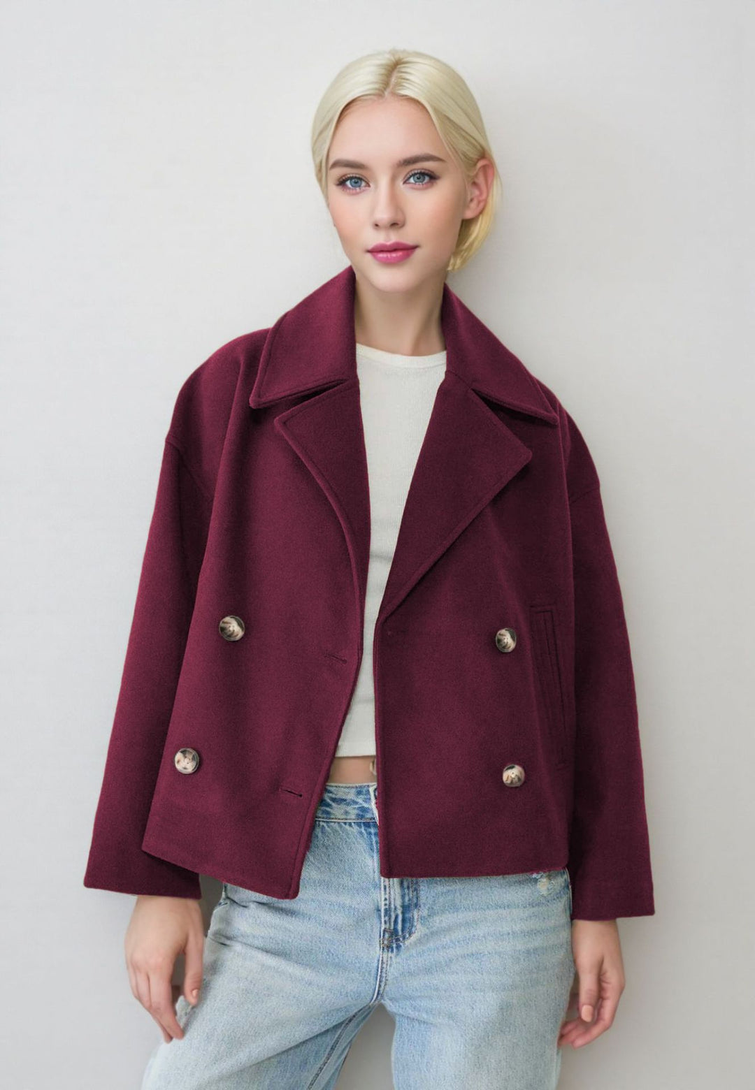 Damen Kurzer Doppelreihiger Wollmix-Mantel mit Oversize-Revers Drune
