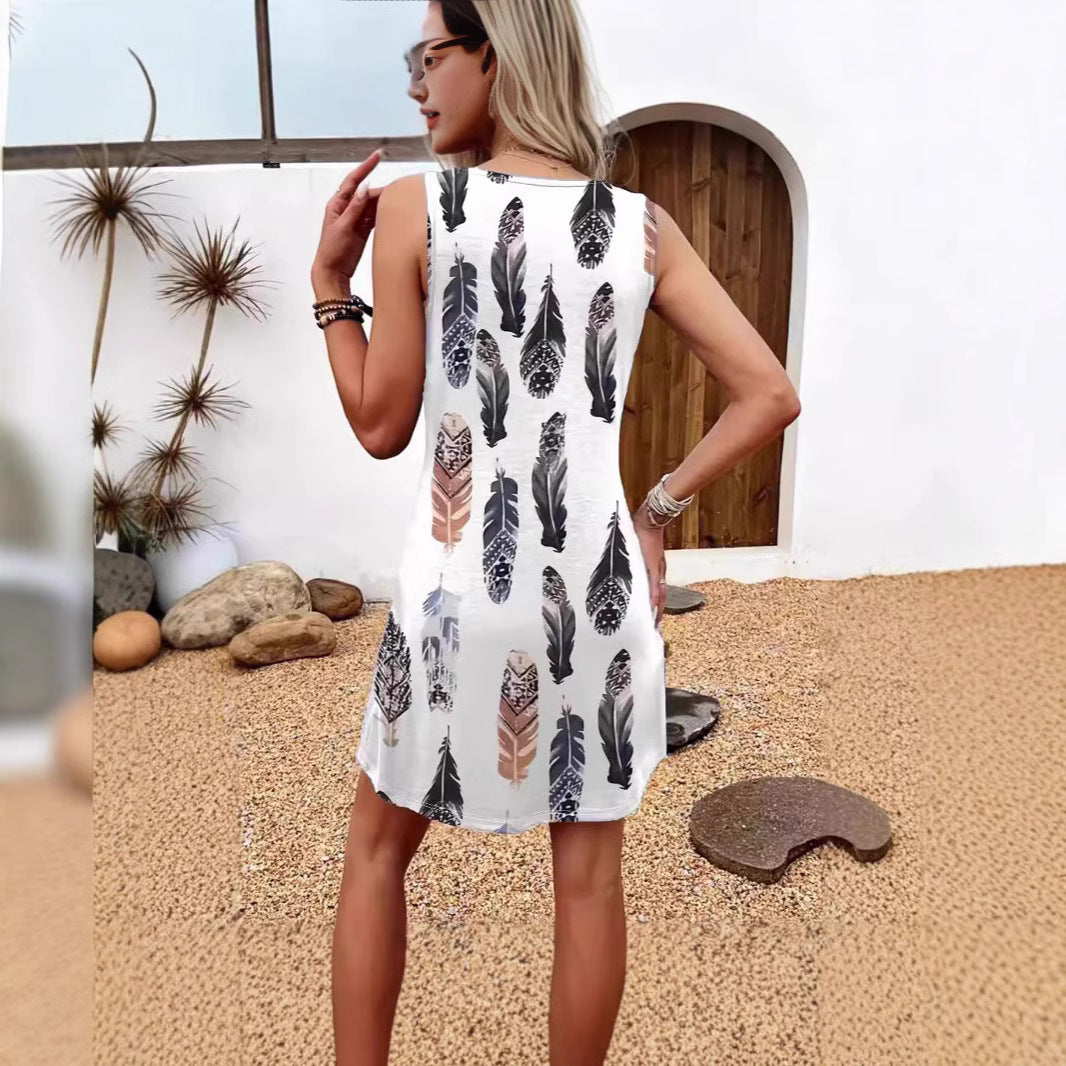 Damen lässiges Sommerkleid mit Federmuster und praktischen Seitentaschen Drune
