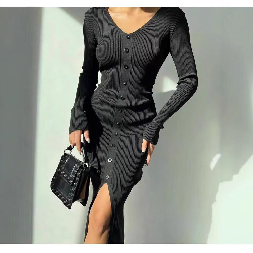 Damen Strickkleid mit V-Ausschnitt und durchgehender Knopfleiste Drune