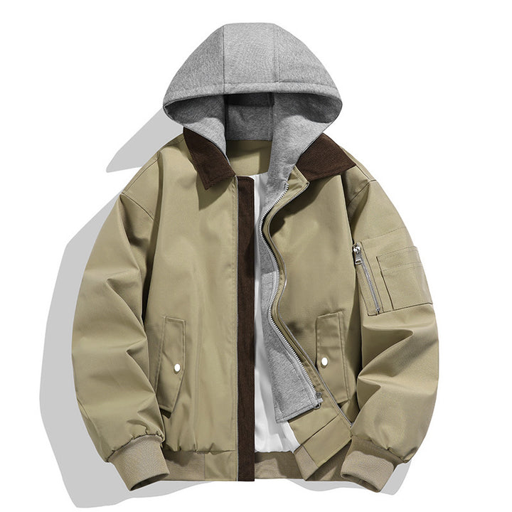 Herren lässige Freizeit-Bomberjacke mit innenliegendem Kapuzenlayer und Cord-Stehkragen Drune