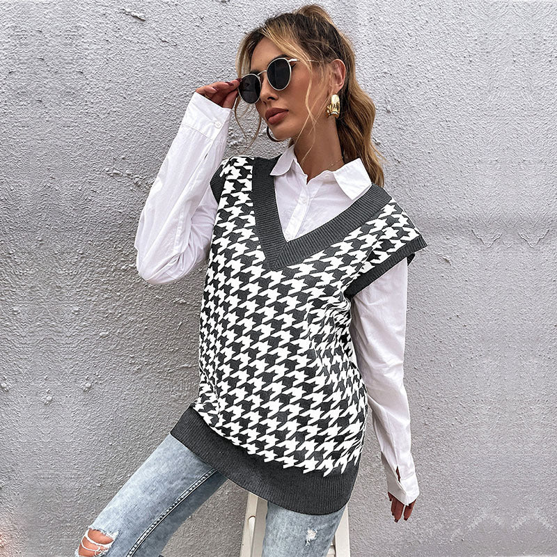 Damen Oversize Strickweste mit Hahnentritt‑Muster und tiefem V‑Ausschnitt Drune