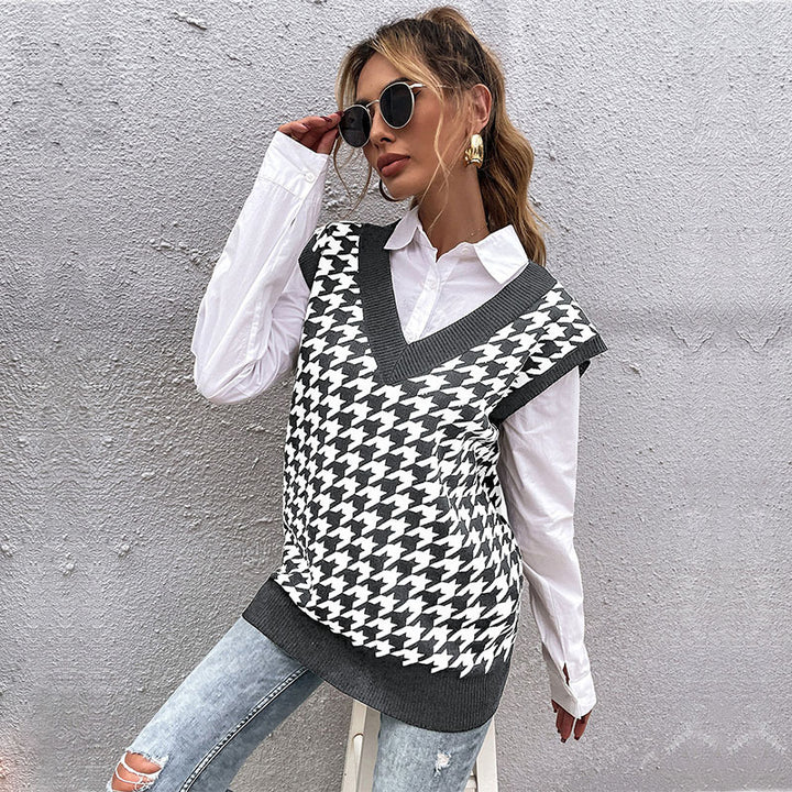 Damen Oversize Strickweste mit Hahnentritt‑Muster und tiefem V‑Ausschnitt Drune