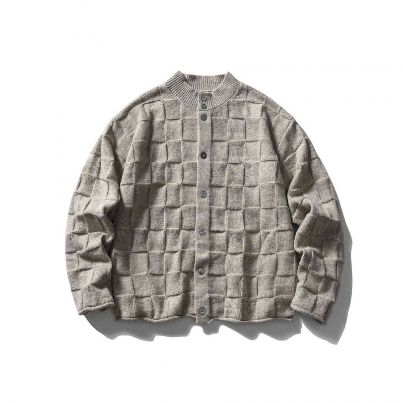 Unisex Strukturierte Boxy-Strickjacke mit Karomuster Drune