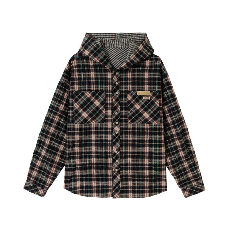 Unisex Kapuzen-Flanellhemd im Oversize-Karo mit Brusttaschen Drune