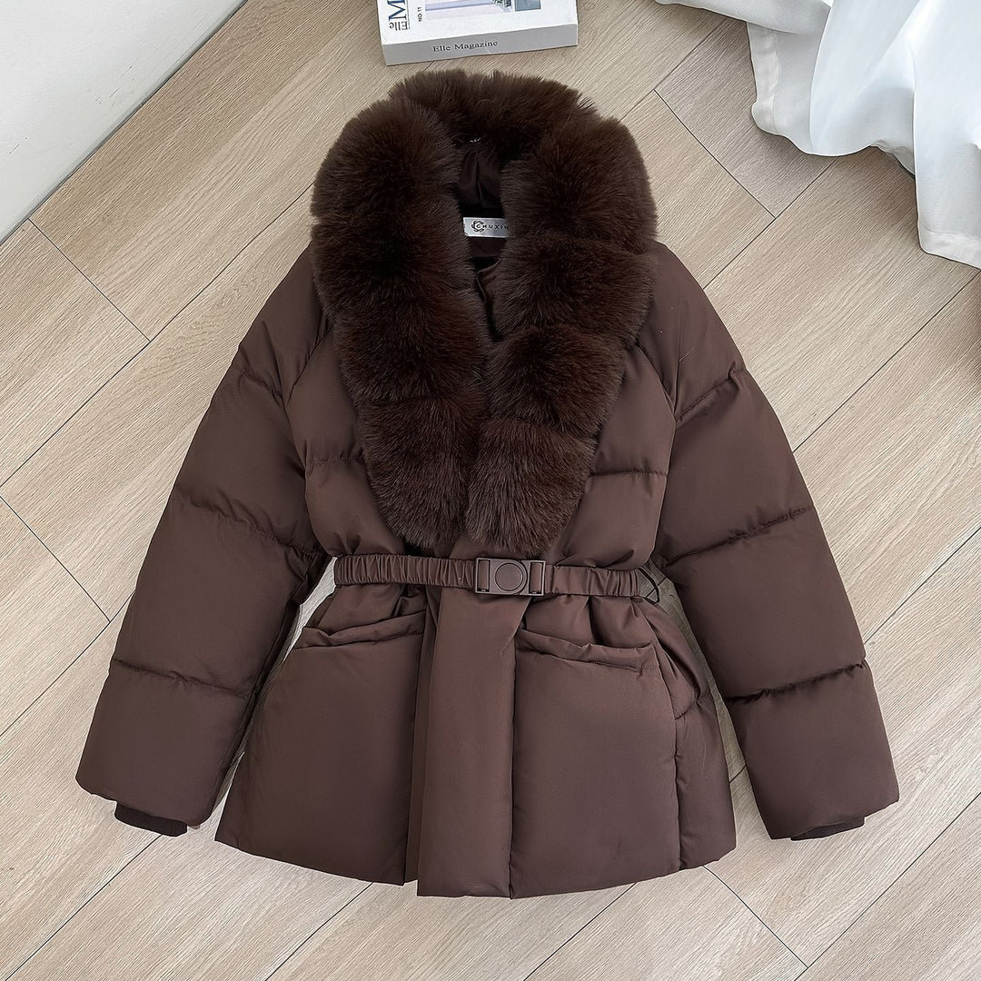 Damen Taillierte Kurz-Steppjacke mit voluminösem Schalkragen aus Kunstfell und Ziergürtel Drune