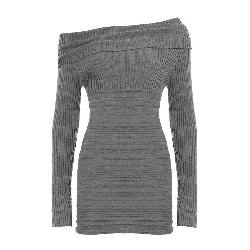 Damen nan schulterfreies figurbetontes Rippenstrick-Kleid mit Umschlagkragen, Längsraffung und Langarm Drune