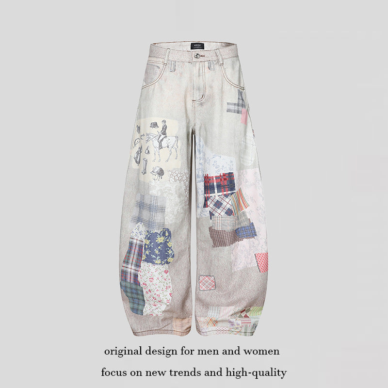 Damen Weite High‑Waist Culotte-Jeans mit Patchwork-Print und Balloon-Silhouette Drune
