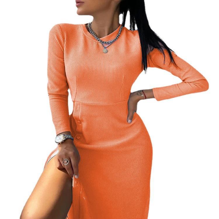 Damen Geripptes A‑Linien Kleid mit Rundhalsausschnitt, langen Ärmeln und seitlicher Knopfleiste Drune