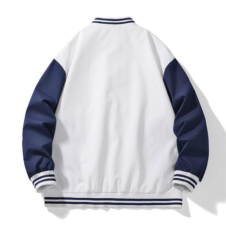Unisex College-Bomberjacke im Varsity-Stil mit kontrastärmeln, gestreiften Rippbündchen und Druckknopfverschluss Drune