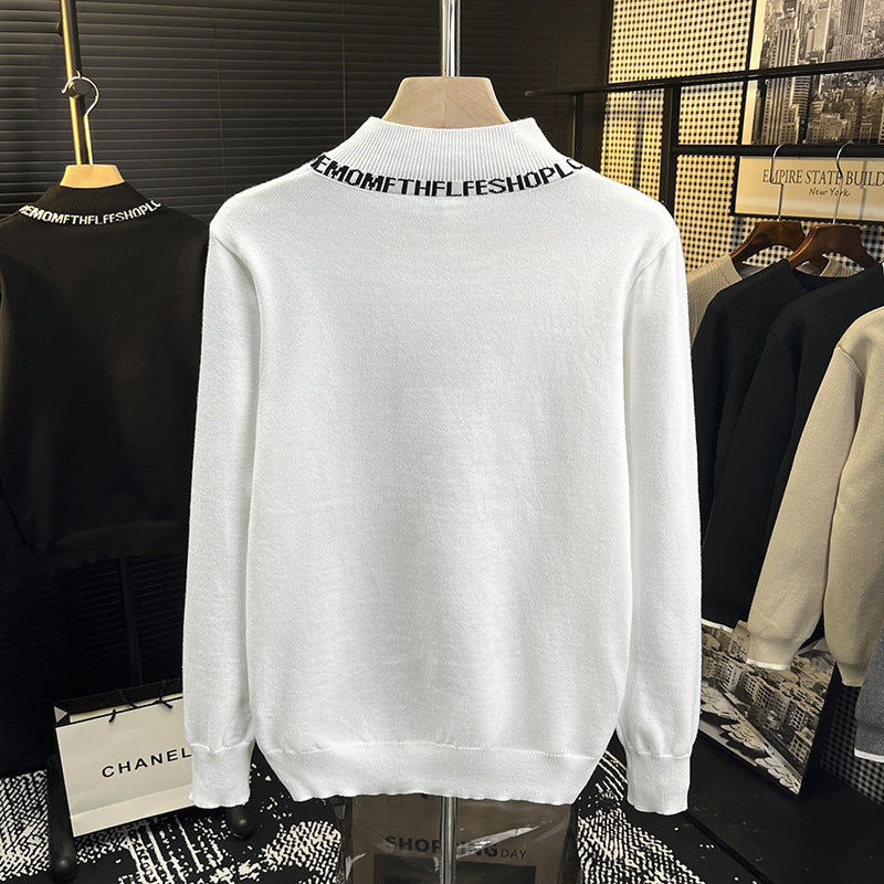 Unisex Feinstrickpullover mit kurzem Stehkragen und kontrastierendem Schriftkragen Drune