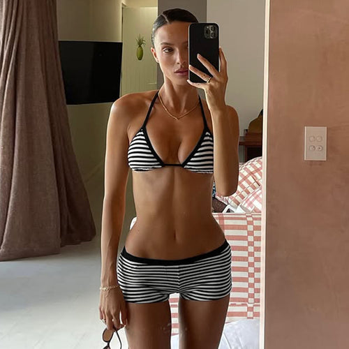 Damen Bikini-Set mit klassischem Streifenmuster und verstellbaren Trägern Drune