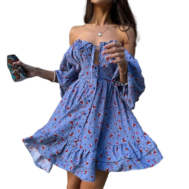 Damen Off-Shoulder Kleid mit floralen Mustern und Rüschendetails Drune