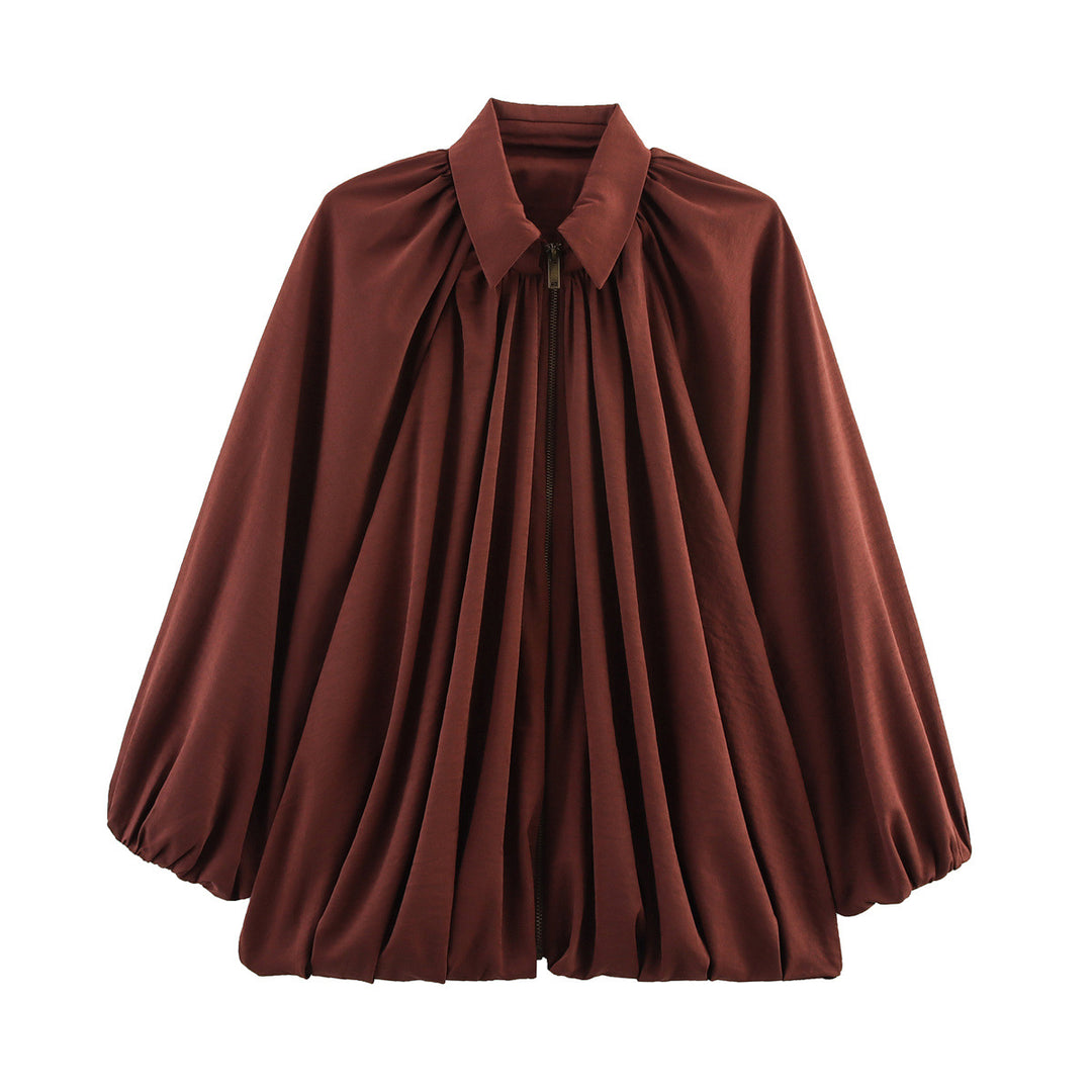 Damen nan oversize geraffte Bluse mit Ballonärmeln und Frontreißverschluss Drune