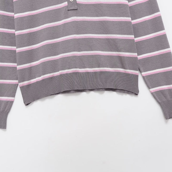 Damen Gestreifter Feinstrick-Polo-Pullover mit Knopfleiste und Rippbündchen Drune