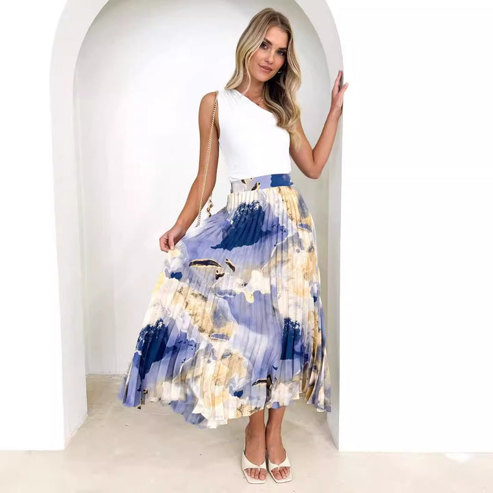 Damen Eleganter Plissee-Rock mit floralem Design und elastischem Bund Drune