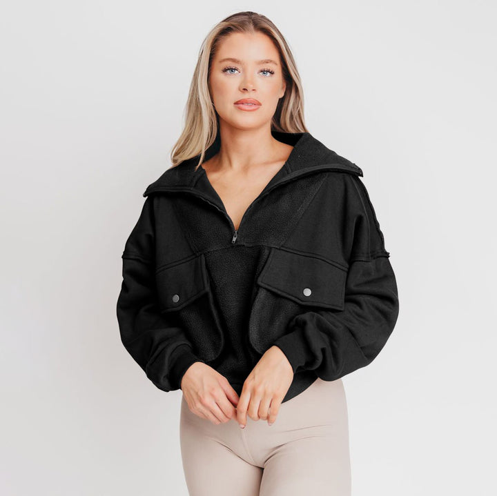 Damen lässiger Fleece-Pullover mit praktischen Tasche und hohem Kragen Drune