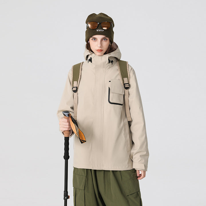 Herren wasserdichte Utility‑Outdoorjacke mit verdeckter Front, Kapuze und funktionaler Brusttasche Drune