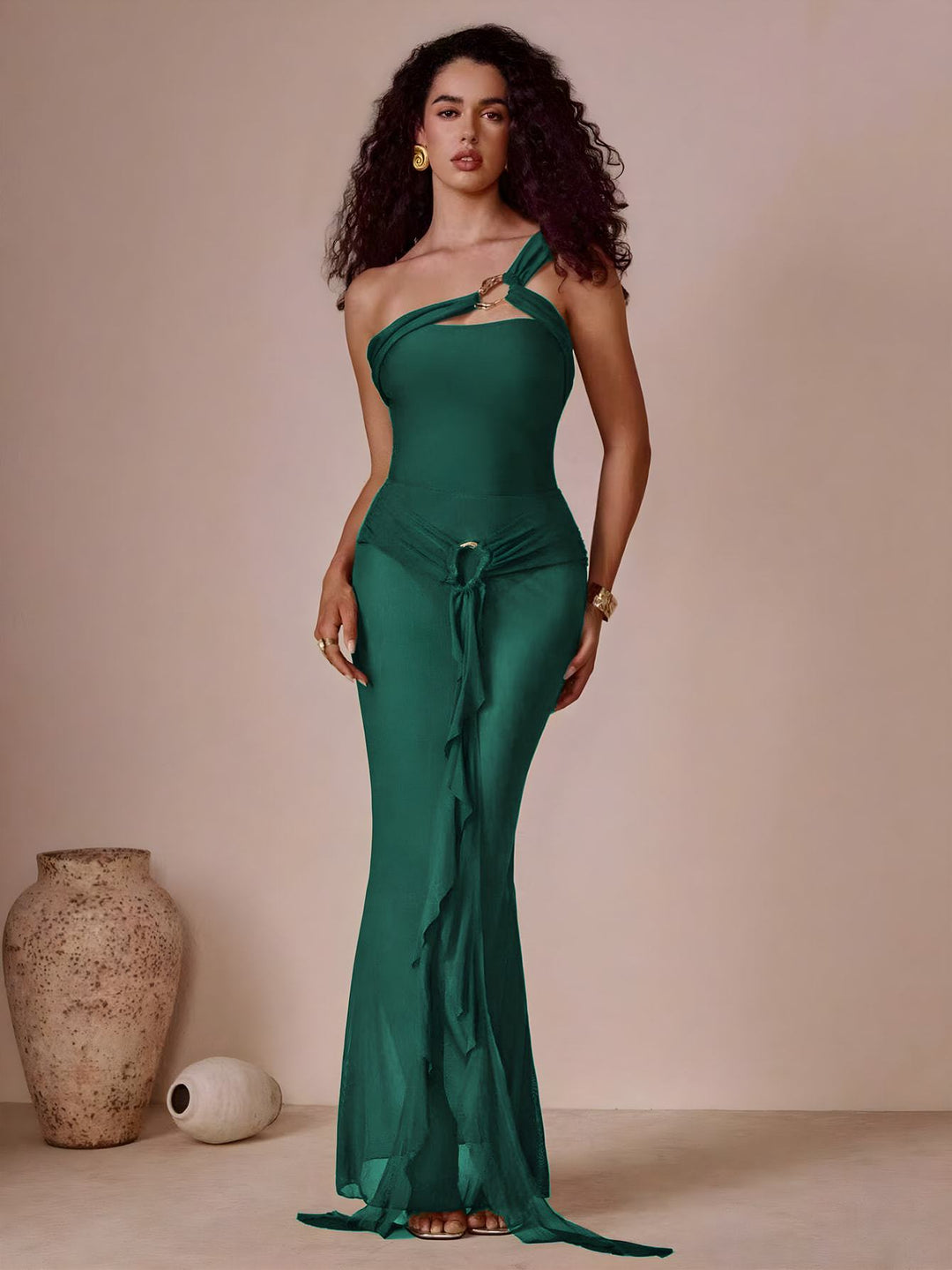 Damen Elegantes One-Shoulder Maxikleid Drune