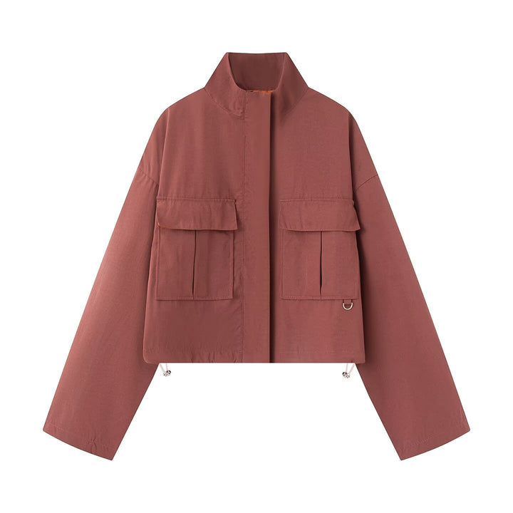 Damen Kurz geschnittene Utility-Jacke mit Stehkragen und aufgesetzten Taschen Drune