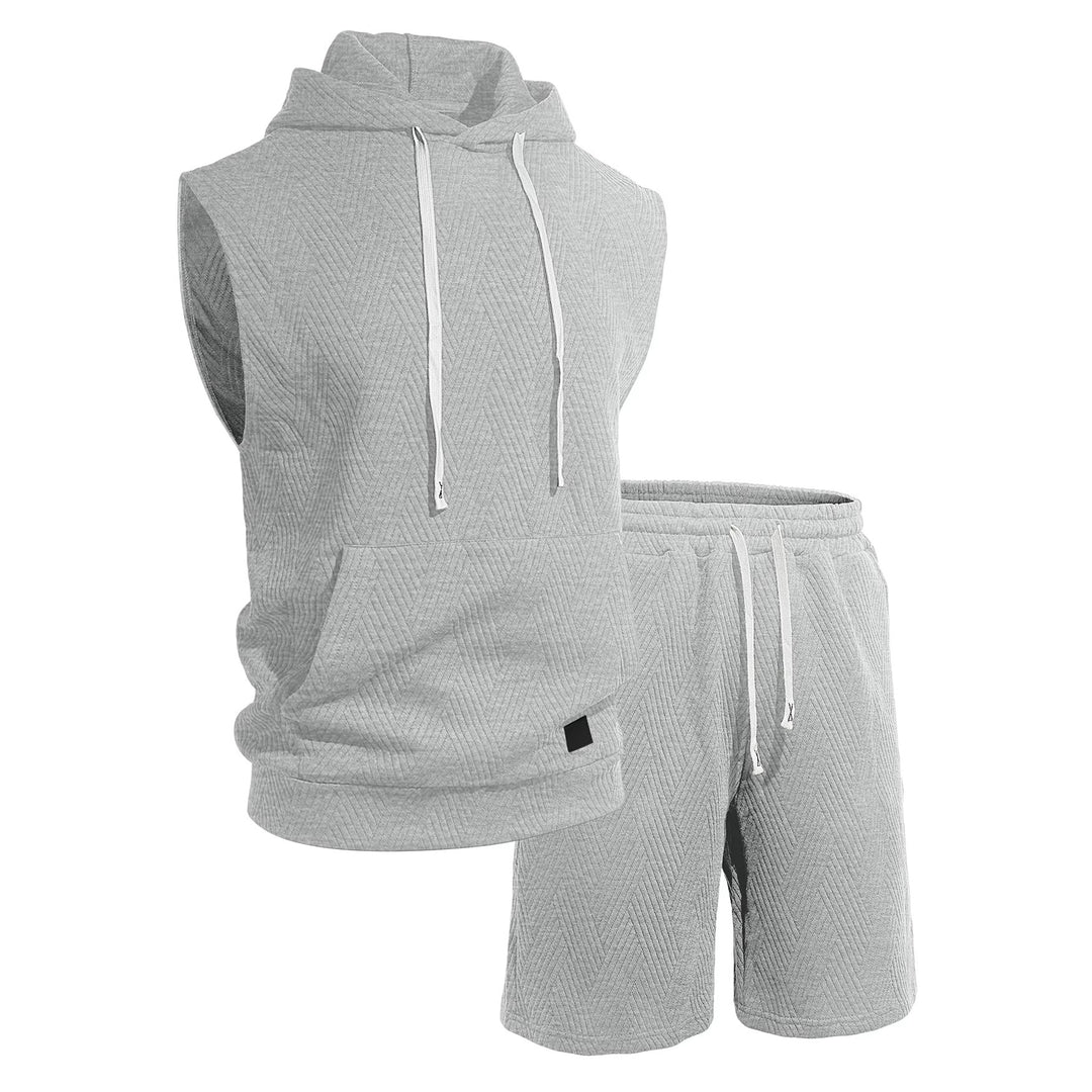 Herren nan ärmelloses Kapuzen-Lounge-Set aus strukturierter Baumwollmischung mit Kängurutasche und elastischer Freizeithose Drune