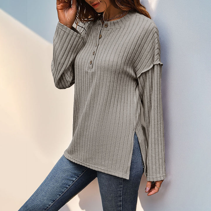 Damen Gerippter Henley-Pullover mit Knopfleiste und überschnittener Schulter Drune