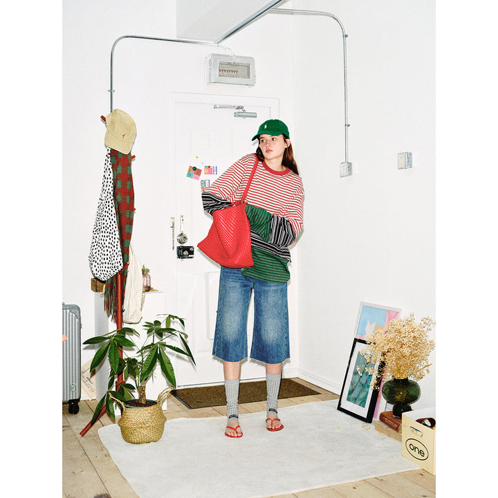 Unisex Lässiges Oversize Langarmshirt mit Blockstreifen aus Baumwollmix Drune