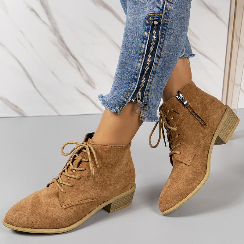 Damen nan knöchelhohe Schnürstiefelette aus Veloursoptik mit seitlichem Reißverschluss und niedrigem Blockabsatz Drune