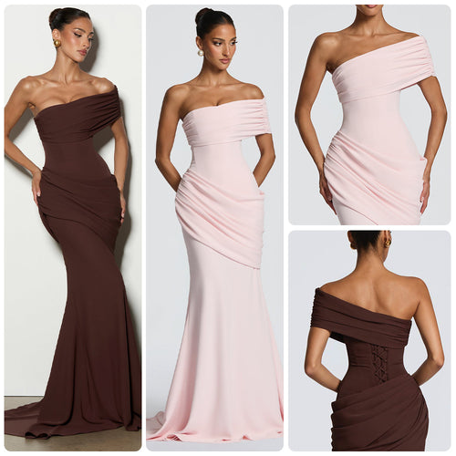 Damen Elegantes, schulterfreies Abendkleid mit raffinierten Drapierungen und fließendem Schnitt Drune