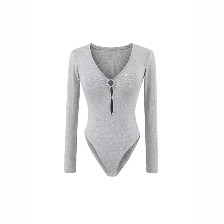 Damen Langarm Bodysuit mit elegantem V-Ausschnitt und dekorativem Ringdetail Drune