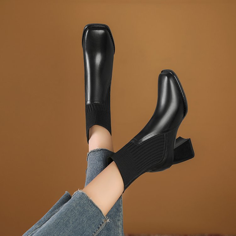Damen Elegante Chunky Stiefeletten mit Strick-Einsatz Drune