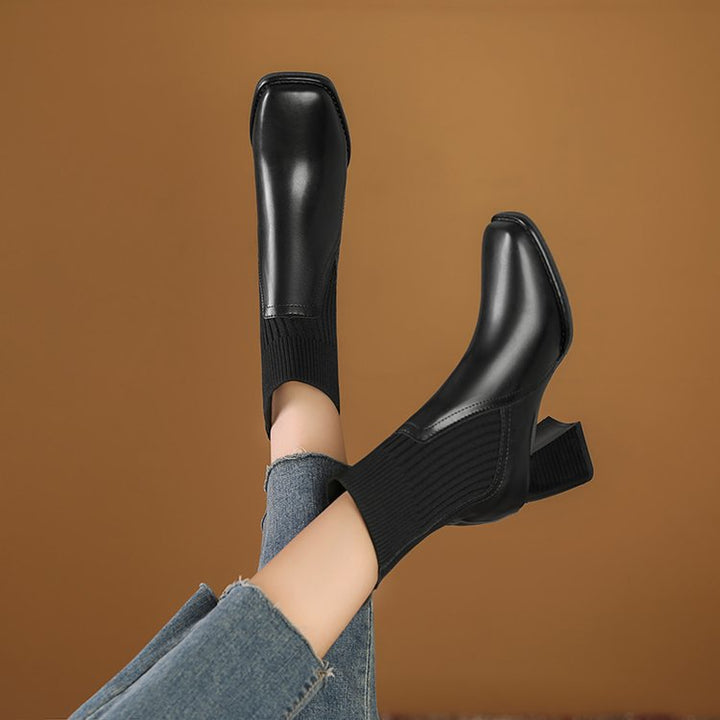 Damen Elegante Chunky Stiefeletten mit Strick-Einsatz Drune