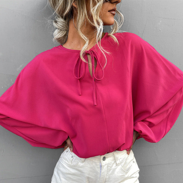 Damen luftiges Blusenshirt mit weiten Ärmeln und modischem Schleifendetail Drune