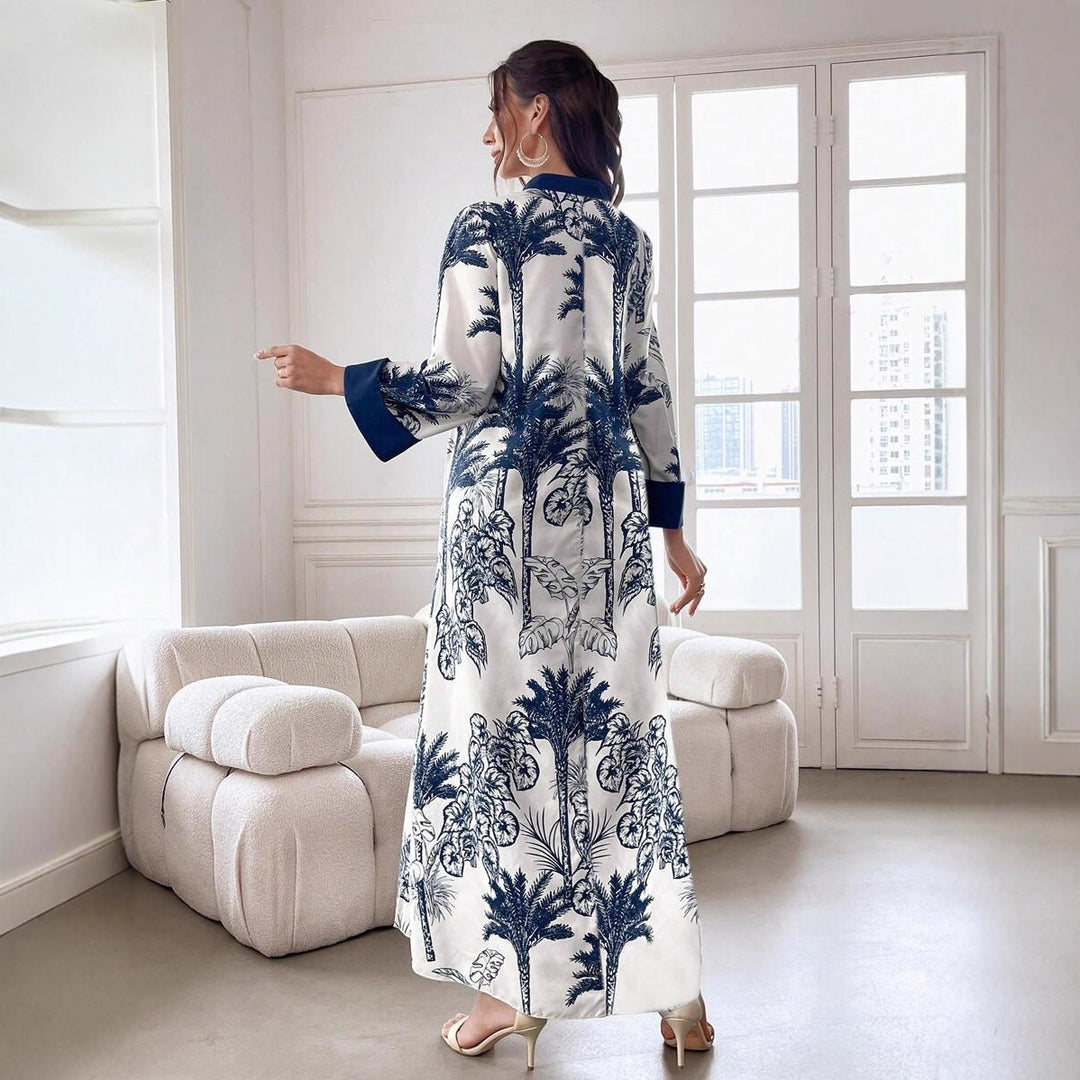 Damen Maxikleid in Satinoptik mit Palmenprint, Stehkragen und weitem 3/4-Ärmel Drune