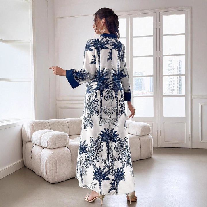 Damen Maxikleid in Satinoptik mit Palmenprint, Stehkragen und weitem 3/4-Ärmel Drune