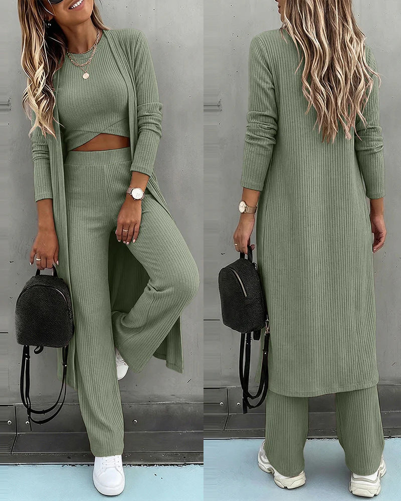 Damen Dreiteiliges Rippstrick-Loungewear-Set mit Longcardigan, bauchfreiem Top und weiter Palazzohose Drune
