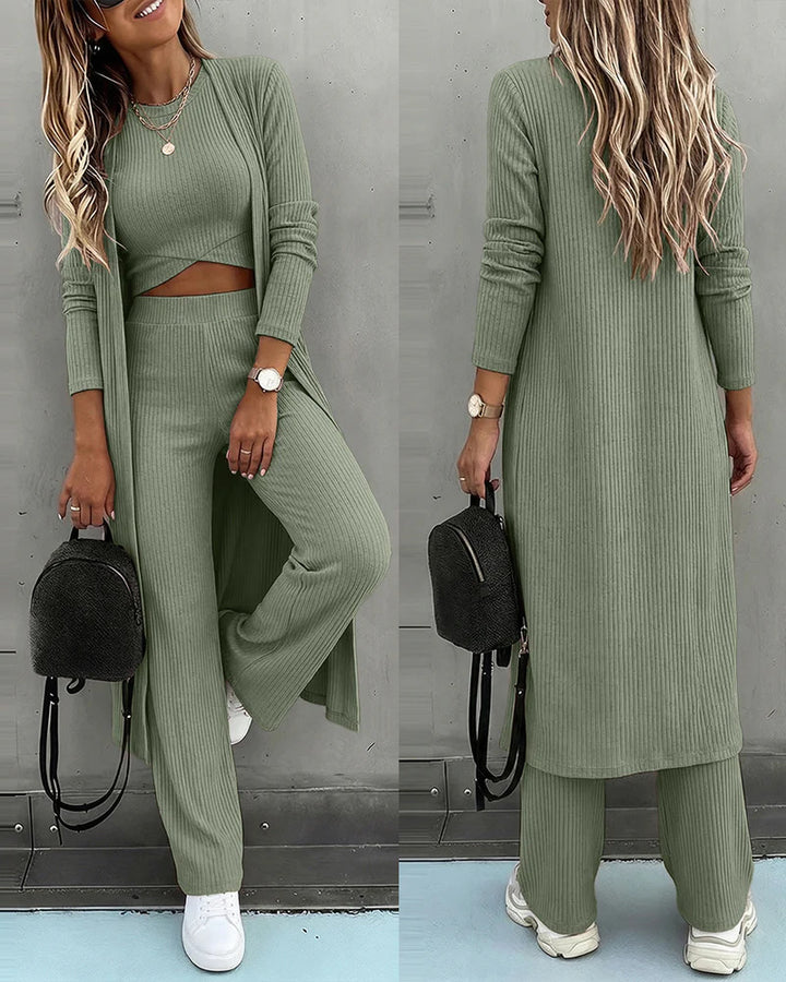 Damen Dreiteiliges Rippstrick-Loungewear-Set mit Longcardigan, bauchfreiem Top und weiter Palazzohose Drune