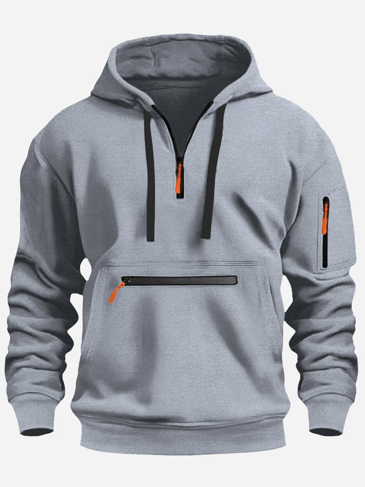 Herren Kapuzenpullover mit Halbzip, Kängurutasche und verdeckten Reißverschlüssen Drune