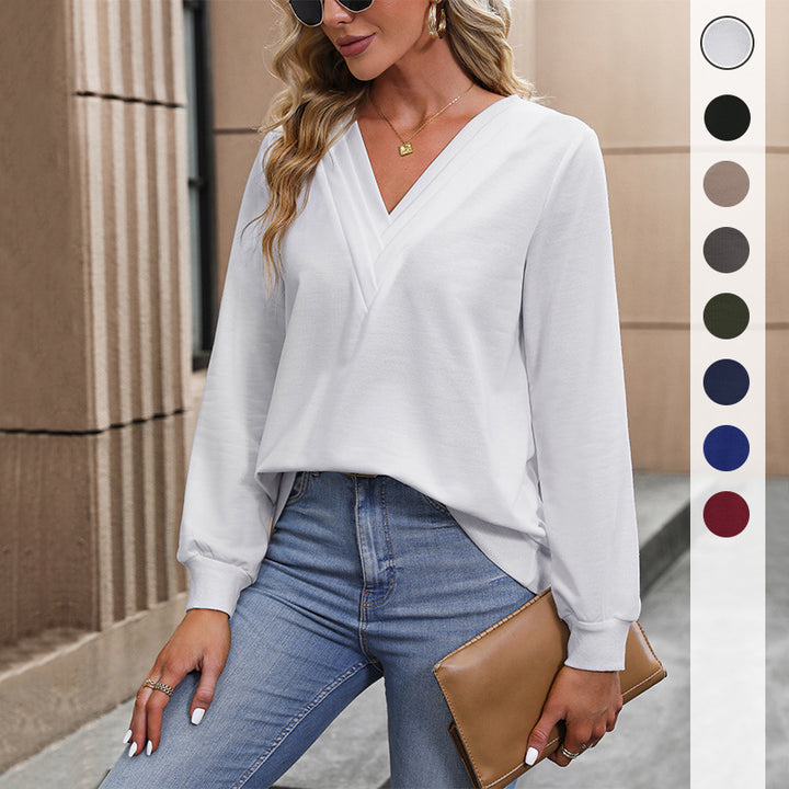 Damen Lockeres V-Ausschnitt-Blusenshirt mit Manschetten und gerundetem Saum Drune