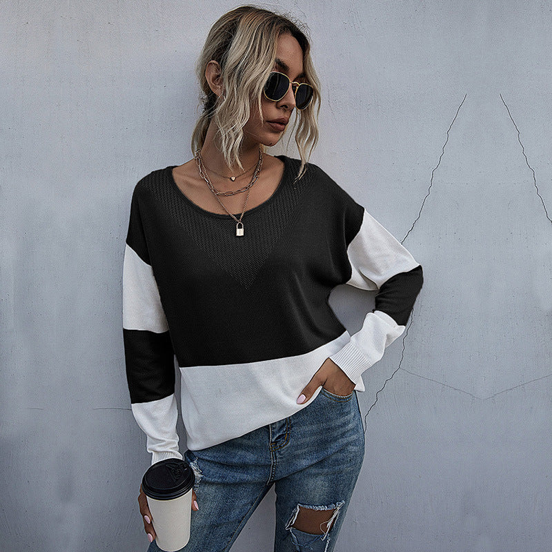 Damen Lässiger Strickpullover mit V-Ausschnitt und Farbblock Drune