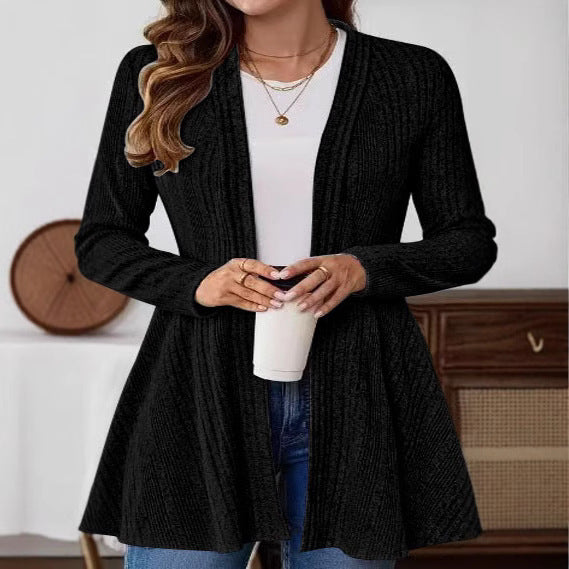 Damen Offener Gerippter Longcardigan mit ausgestelltem Saum Drune