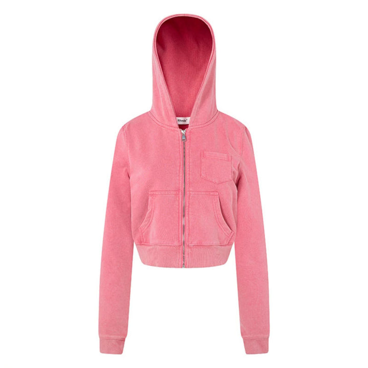 Damen Kurz geschnittene Kapuzen-Sweatjacke mit durchgehendem Reißverschluss im Boxy-Schnitt und Brusttasche Drune