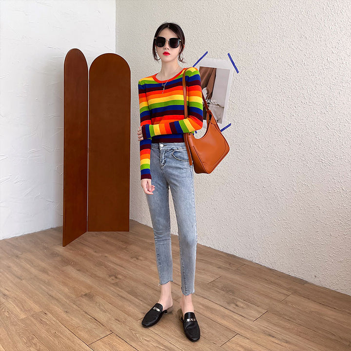 Damen langärmliges gestreiftes Shirt mit farbenfrohem Design Drune