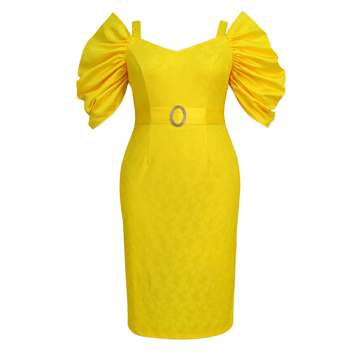 Damen figurumspielendes Kleid mit voluminösen Puffärmeln und Taillengürtel Drune