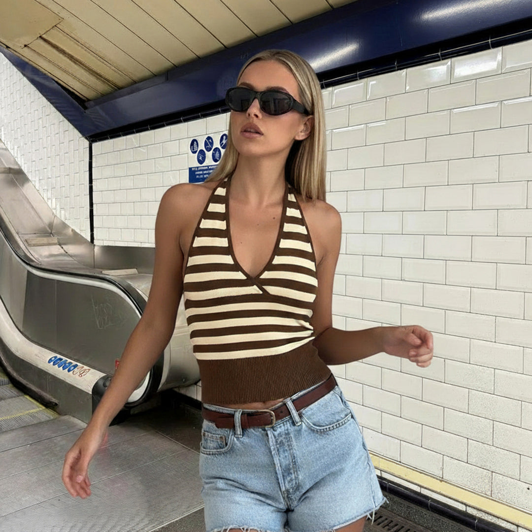 Damen sportliches Crop-Top mit verstellbarem Rückendesign und kontrastierenden Streifen Drune