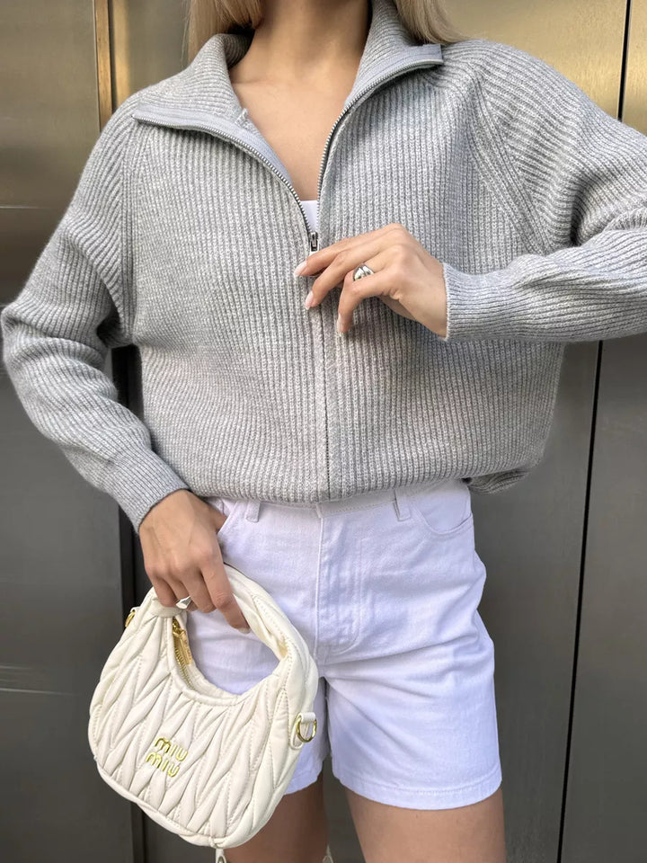 Damen modischer Grobstrickpullover mit hohem Kragen und durchgehendem Reißverschluss Drune