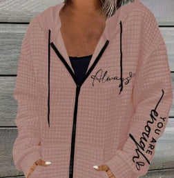 Damen nan oversized Kapuzenjacke mit Reißverschluss, handgeschriebener Typo-Applikation und Kontrast-Eingrifftaschen Drune